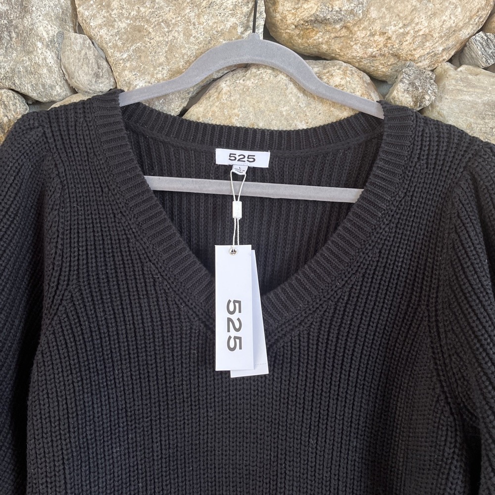 525 NWT women's size L Black Chunky v-neck sweater pullover 3/4 sleeves - Picture 2 of 5